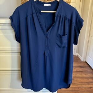 Pleione Women’s Blue Blouse Size Large Cap Sleeve Split Neck Button Front Pocket